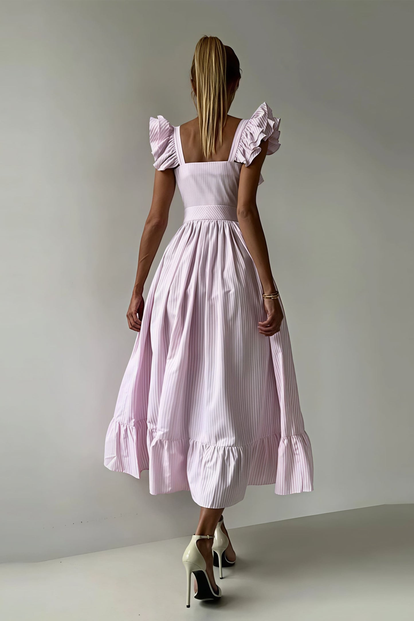 Ruffle Striped Square Collar Midi Dress