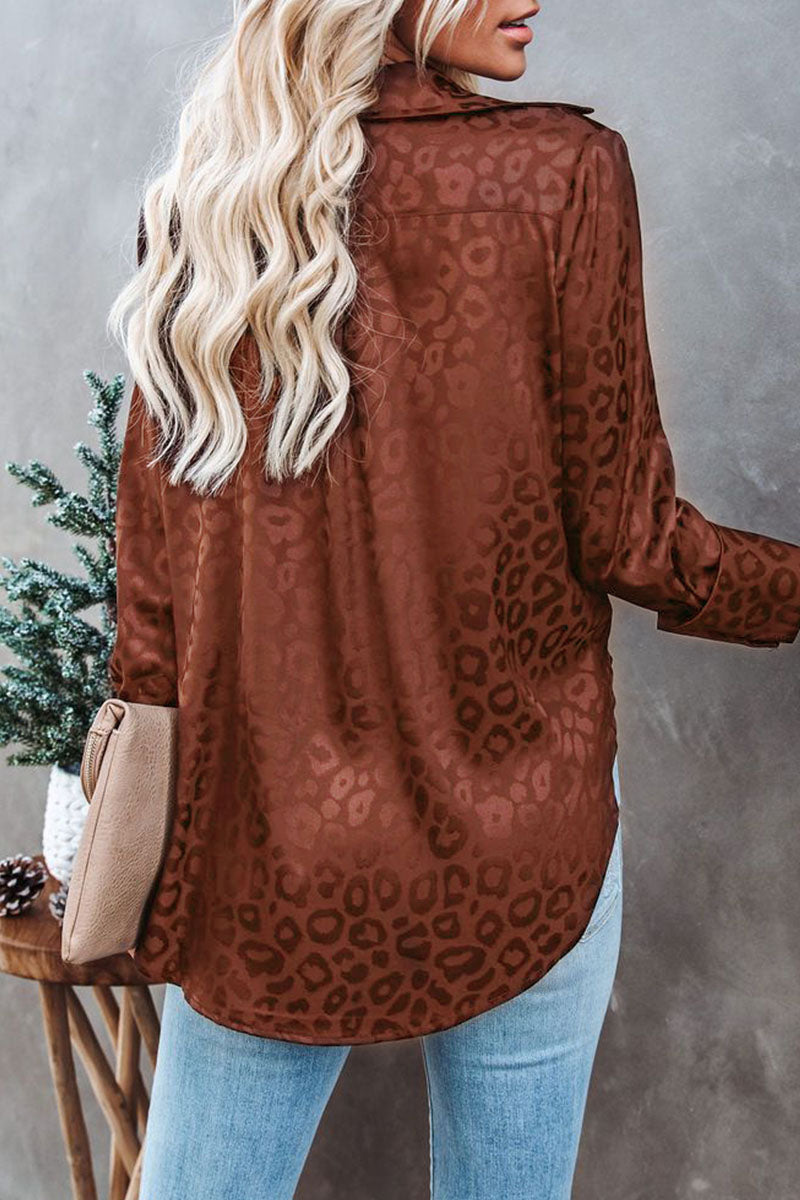Fashion Sweet Leopard Split Joint Turndown Collar Tops(4 colors)
