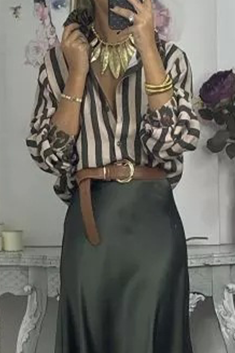Casual Stripe Leopard Patchwork Contrast Shirt Collar Tops