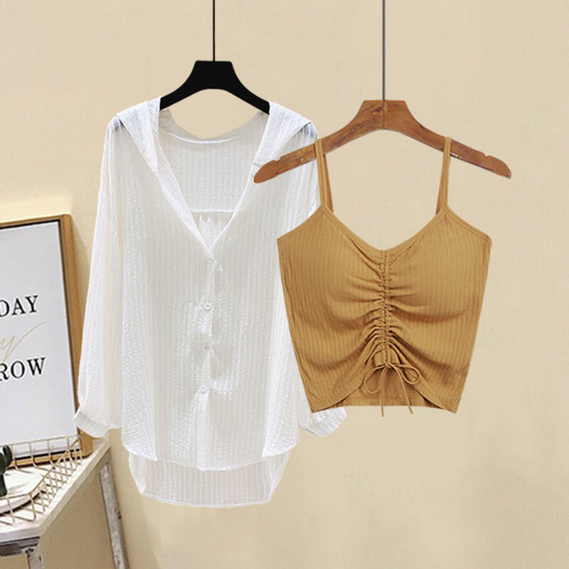 M-4XL Women Casual Solid Color Camisole And Hooded Blouse Two Pieces Set