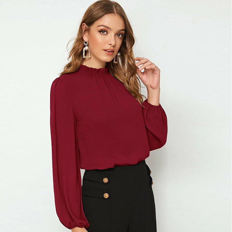S-XL Women Casual Solid Color Ruffled Blouse