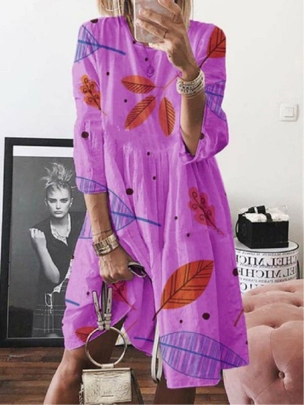 3/4 Sleeve Leaf Print High Waist Midi Dress for Women