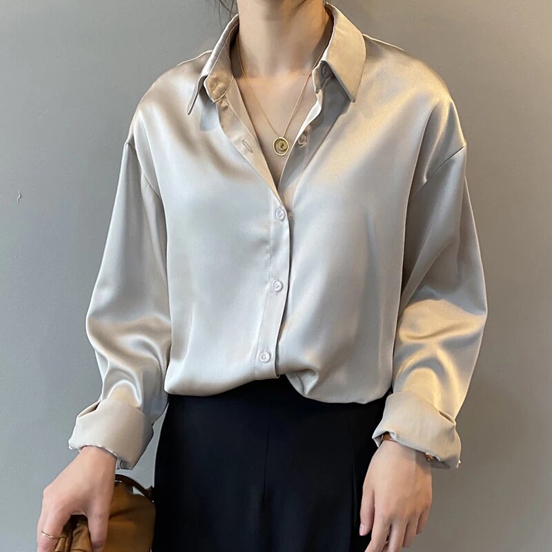 Women's Elegant Long Sleeve Satin Button Up Blouse | Ideal for Spring/Summer
