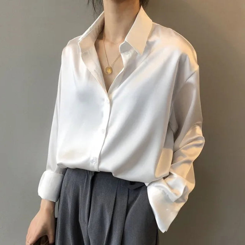 Women's Elegant Satin Long Sleeve Blouse with Collar | Ideal for Spring/Summer