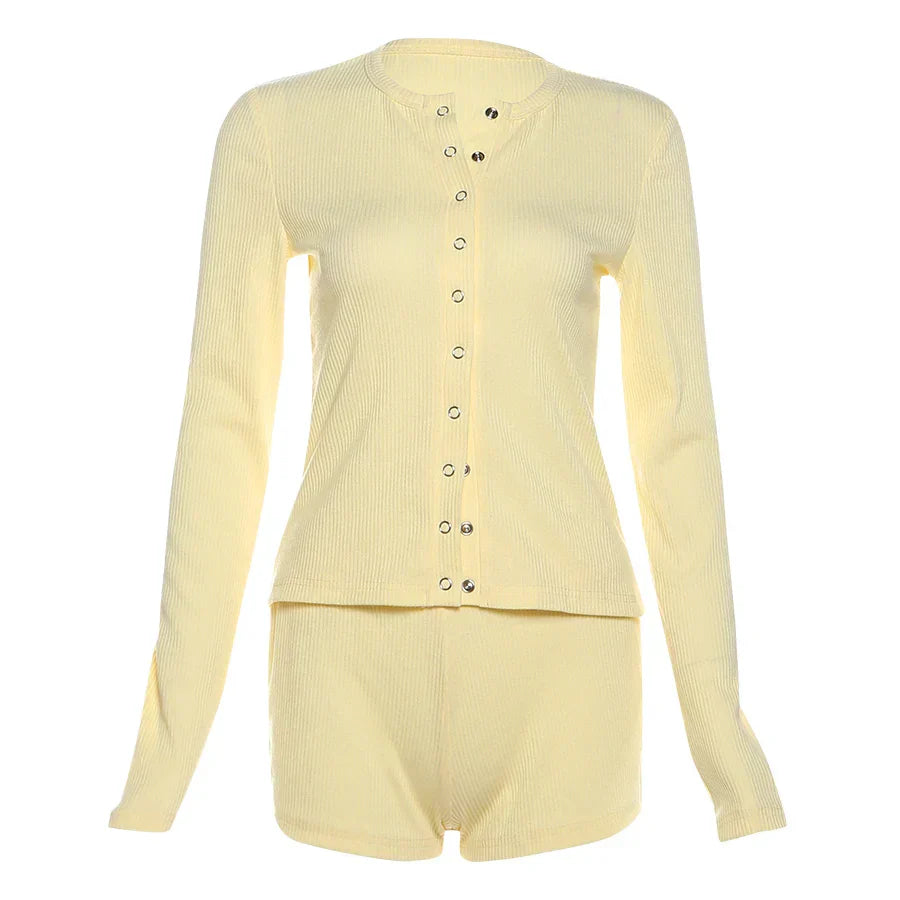 Leisure Stretch 2-Piece Set Women Single-Breasted Long Sleeves o-Neck Blouse+Basis Shorts Simple Classic Street Suits