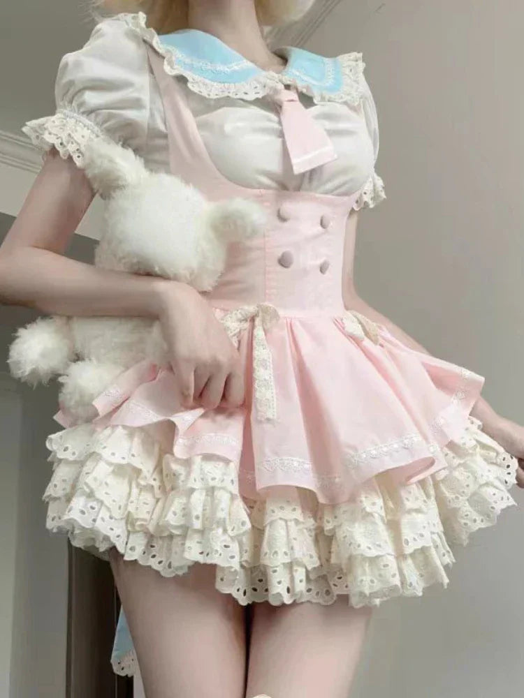 Voguable Lolita Kawaii 2 Piece Sets Cute Slim Blouse Blouse + Sweet Lace Sleeveless Y2k Mini Dress Japanese Style Suit