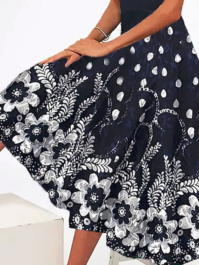 A Line Dress Midi Dress Blue Short Sleeve Print Print Spring Summer V Neck Casual S M L XL XXL 3XL / Cotton for Women