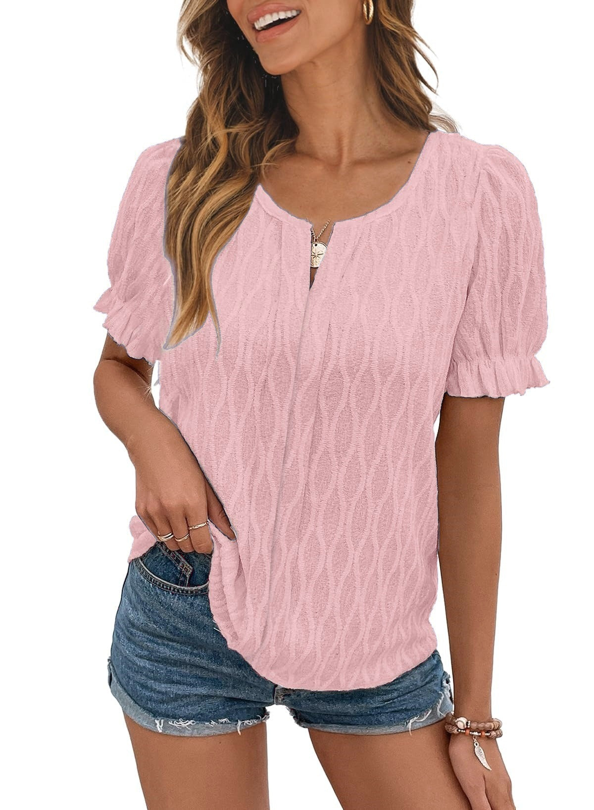 Women Fashion Casual Solid Color Jacquard V-Neck Puff Sleeve Blouse