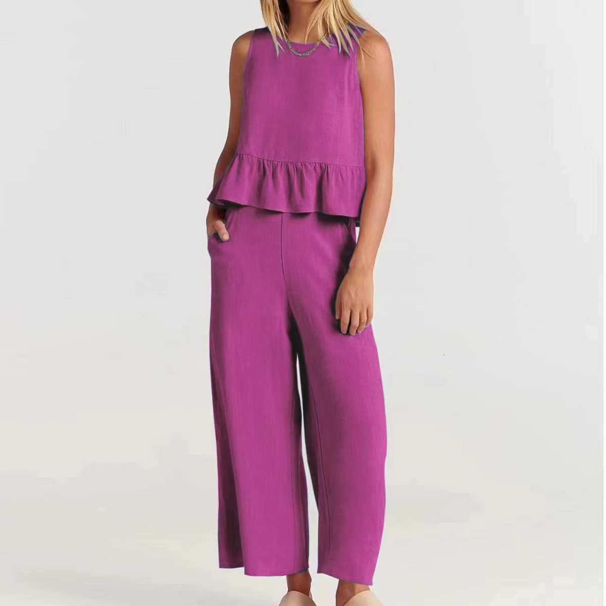Summer Sleeveless Ruffled Blouse Wide Leg Pants Casual Women Set
