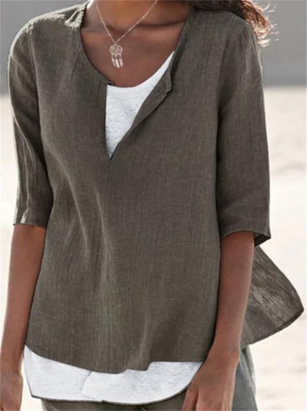 Women Casual V Neck Linen Solid Color Blouse