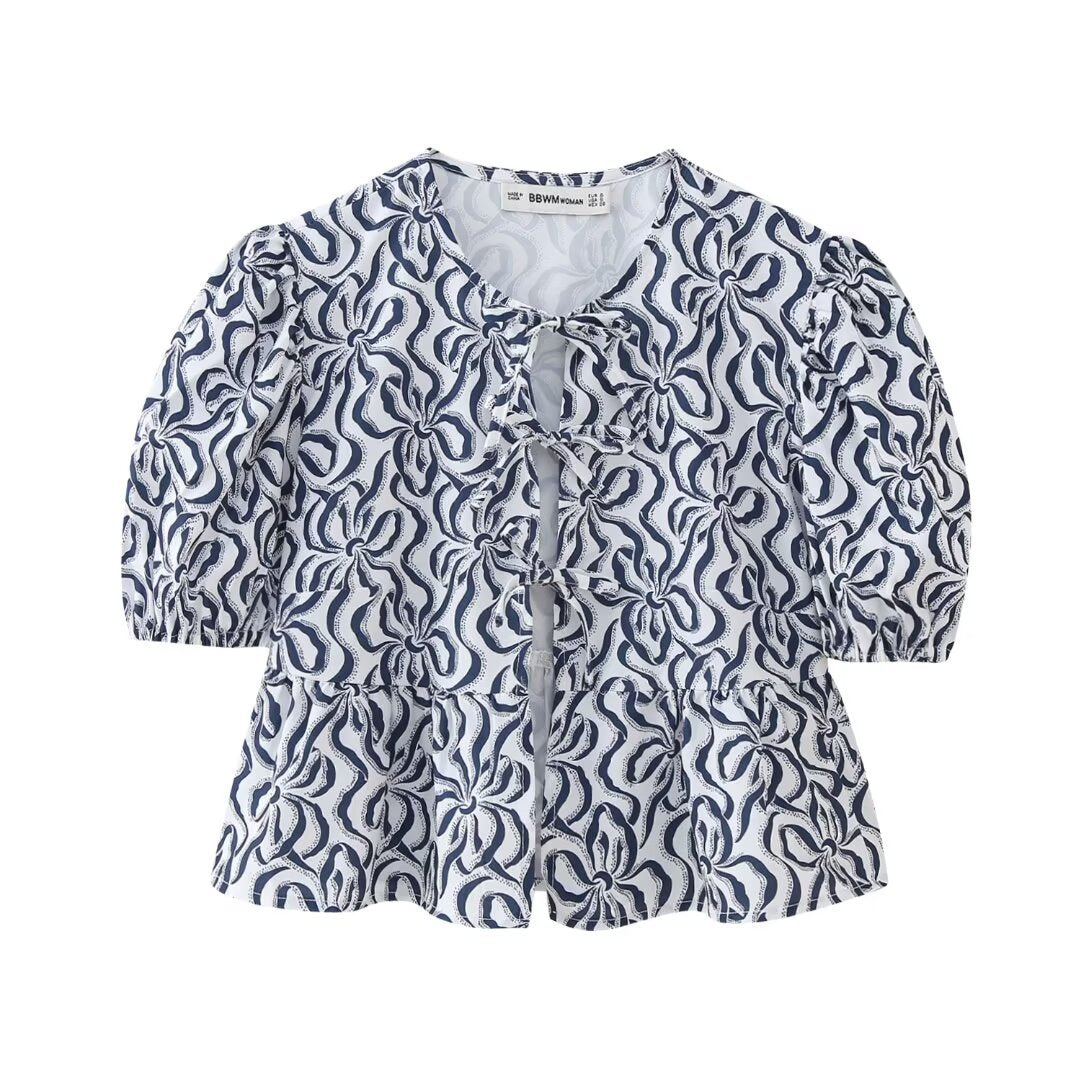 Women Sweet Casual Puff Sleeve Bow Knot Ruffled Stripe Leopard Blouse