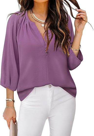 Women Fashion Casual Solid Color Chiffon V-Neck Long-Sleeve Blouse