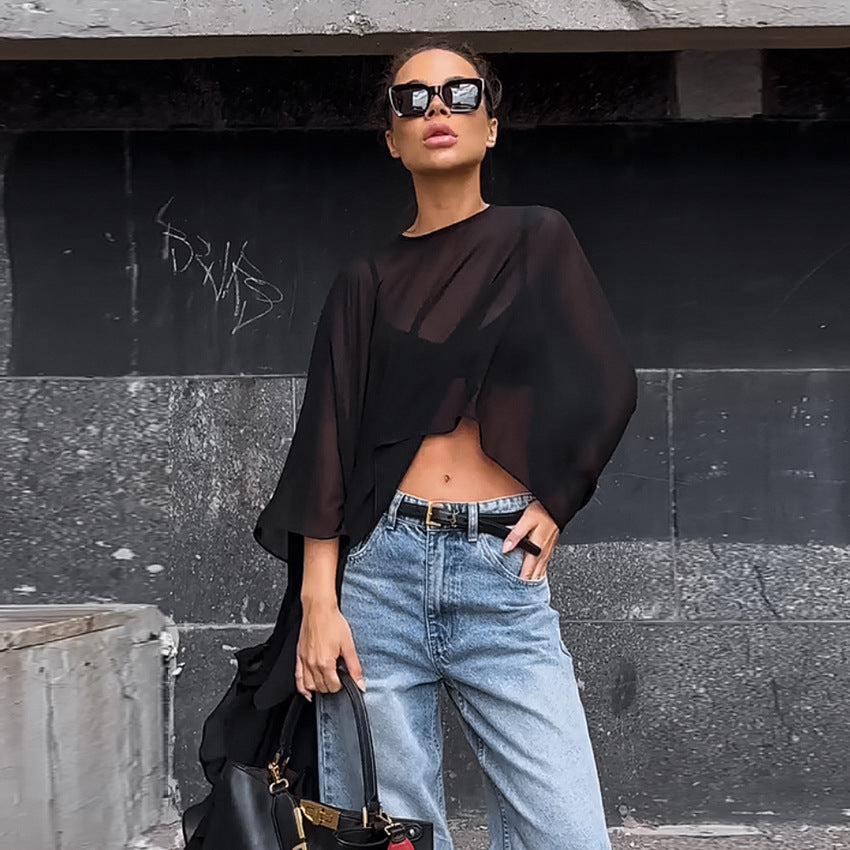 Women Fashion Casual Loose Chiffon Long-Sleeve Blouse