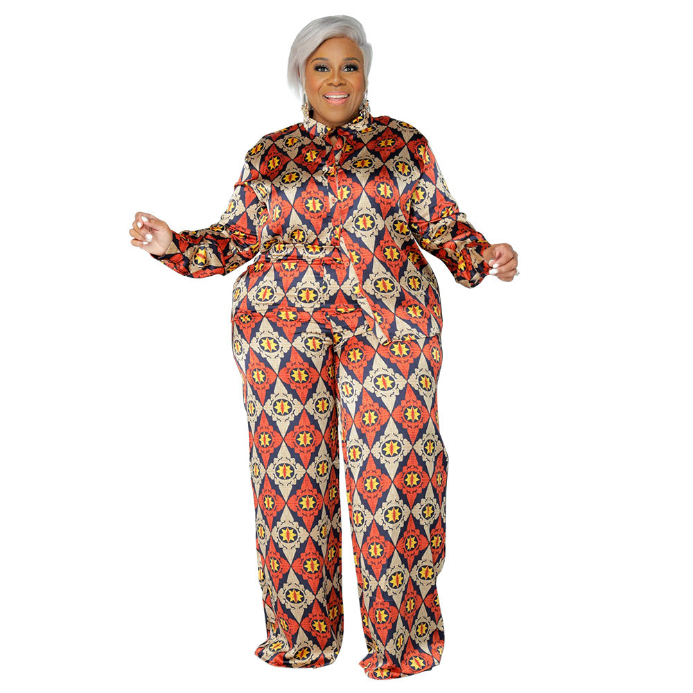 Plus Size Women Simple Printed Cardigan Long-Sleeved Shirt Blouse And Loose Pants Fashion Casual Two Pieces Set