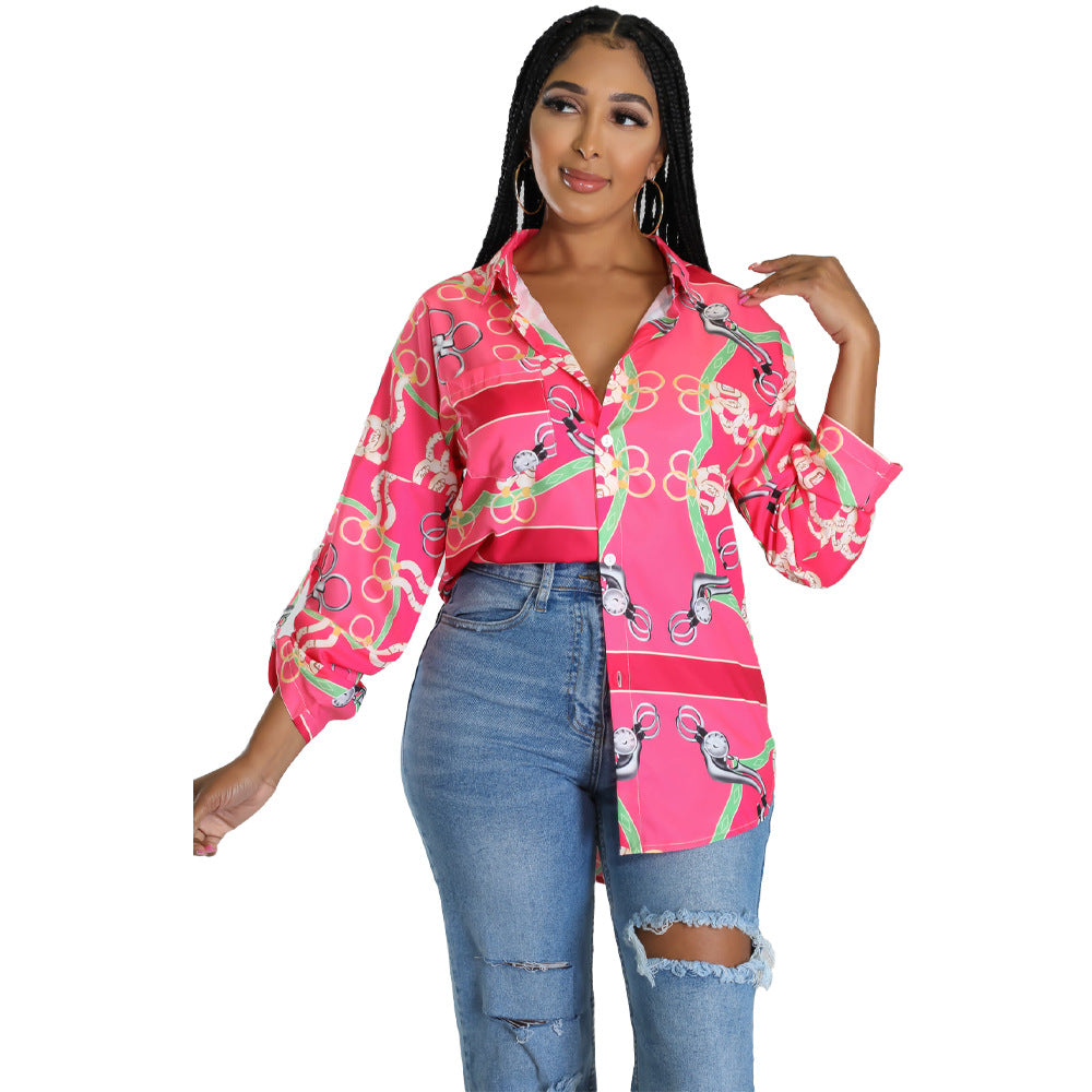 Women Casual Office Summer Lapel Long Sleeve Plaid Printed Blouse