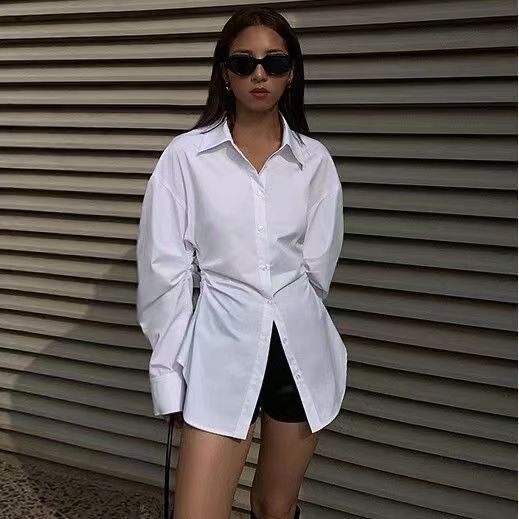 Women Fashion Casual Simple Solid Color Lapel Long Sleeve Blouse