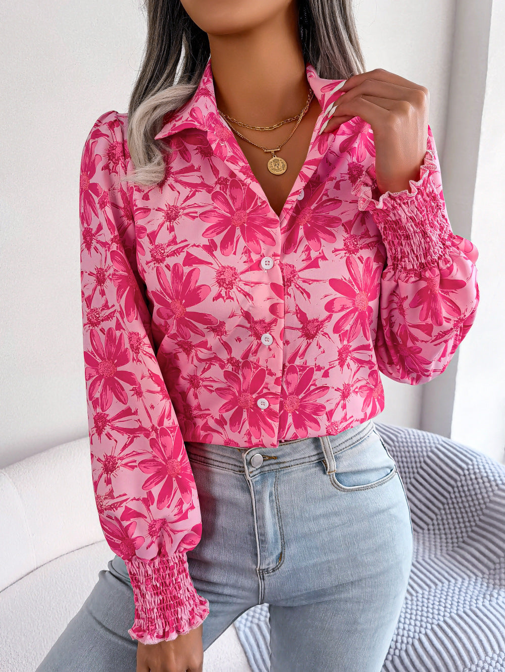 Women Fashion Casual Color Block Floral Print Lapel Blouse