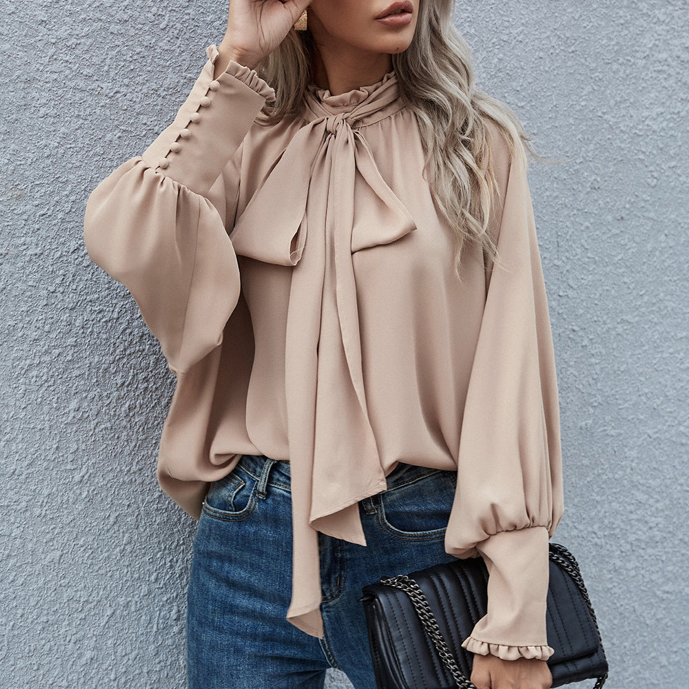 Women Casual Elegant High Neck Bow Tie Bubble Long Sleeve Loose Blouse