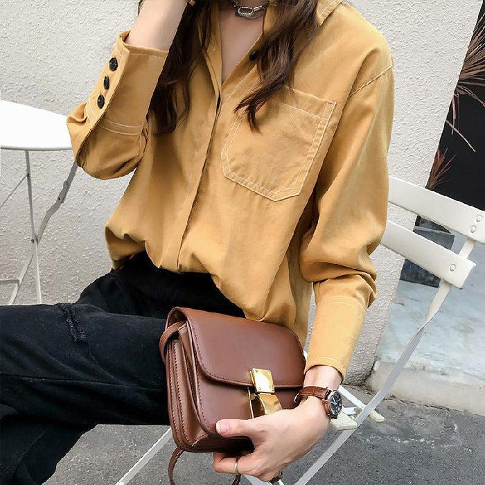 Women Loose Casual Long-Sleeved Solid Color Pocket Blouse Shirt