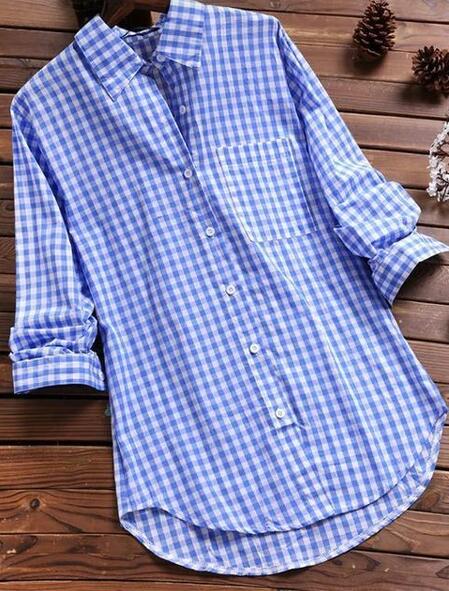 Women Casual Plaid Lapel Long-sleeved Single-breasted Blouse