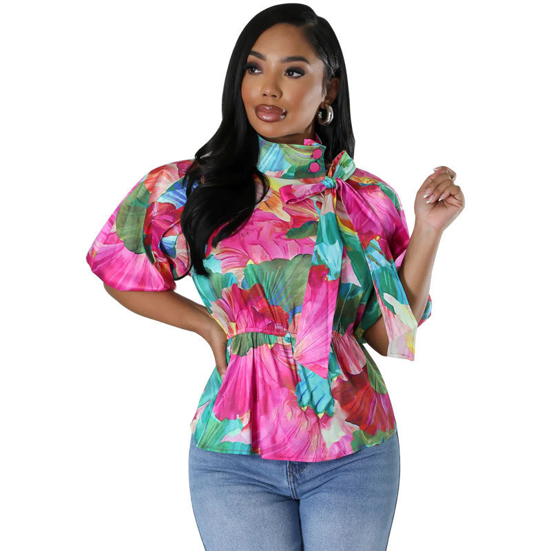 Women Fashion Casual Floral Printed Stand Neck Lace-Up Short-Sleeve Blouse
