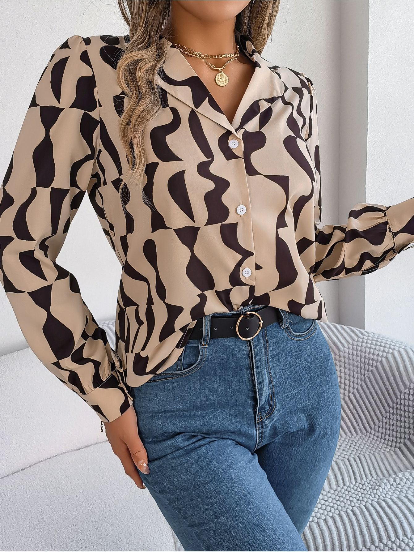 Women Fashion Casual Office Color Block Stripe Long Sleeve Blouse