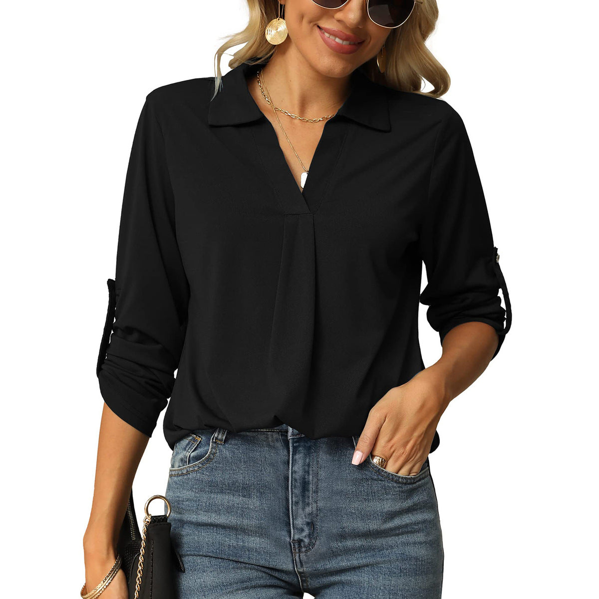 Women Fashion Casual Solid Color V-Neck Long Sleeve Blouse