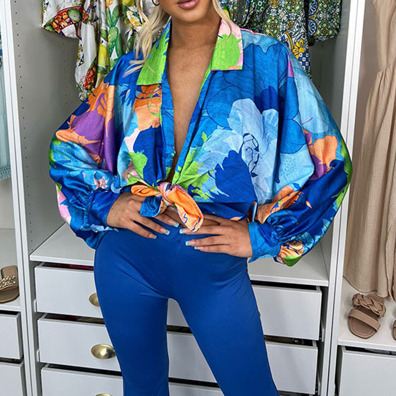 Women'S Sweet Fashion Multicolor Floral Printed Long Sleeve Loose Casual Knot Blouse