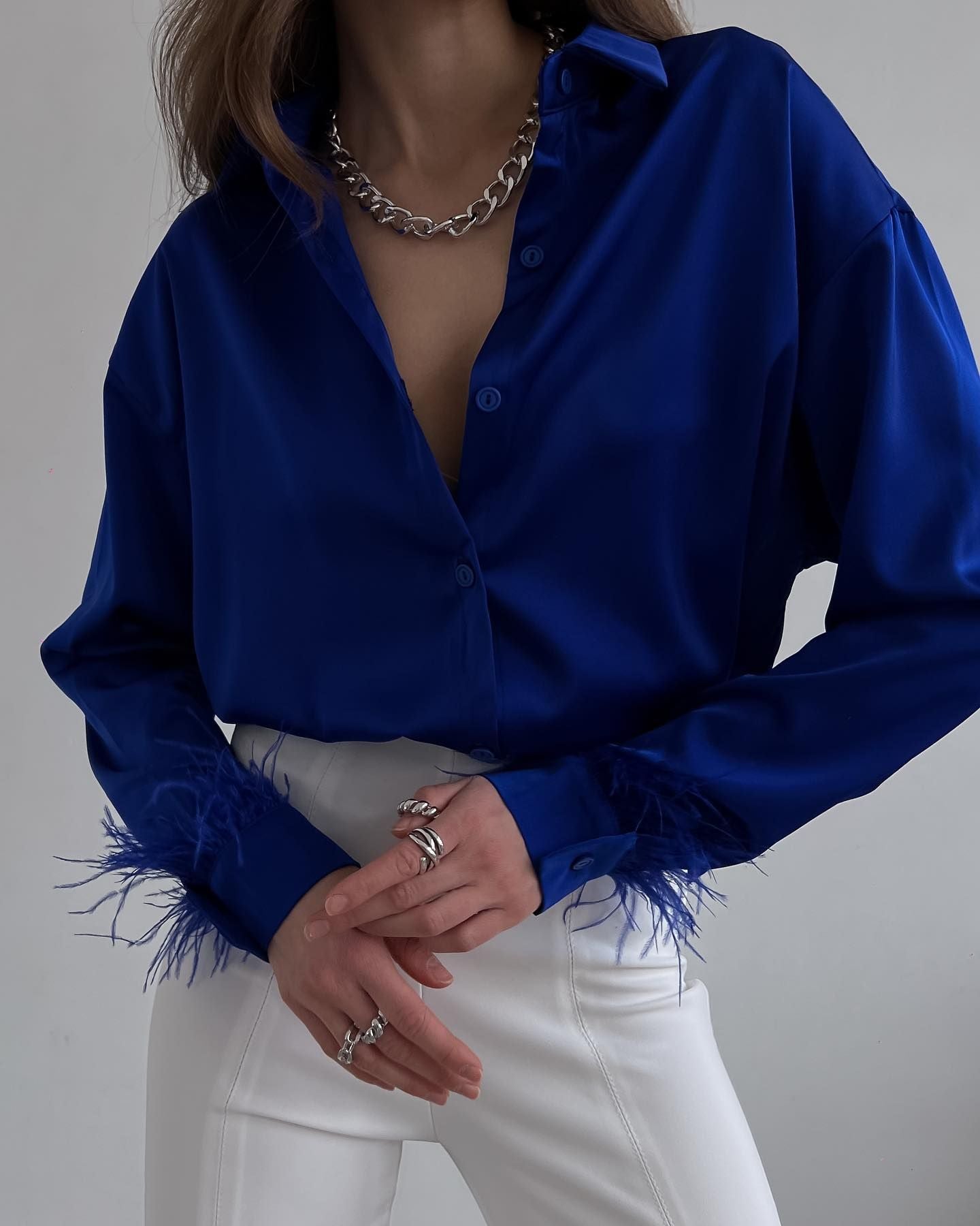Women Fashion Casual Solid Color Ice Silk Feather Stitching Long Sleeve Lapel Single-Breasted Blouse