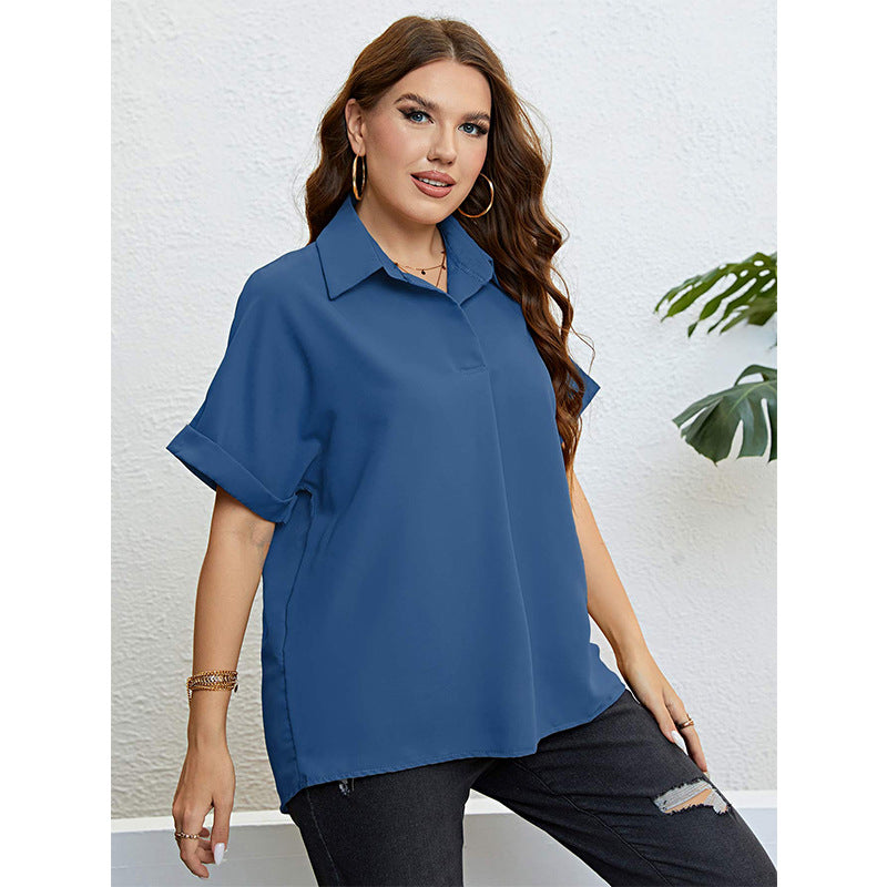 Casual Plus Size Women Solid Color Summer Polo Collar Chiffon Shirt Lapel Short Sleeve Blouse