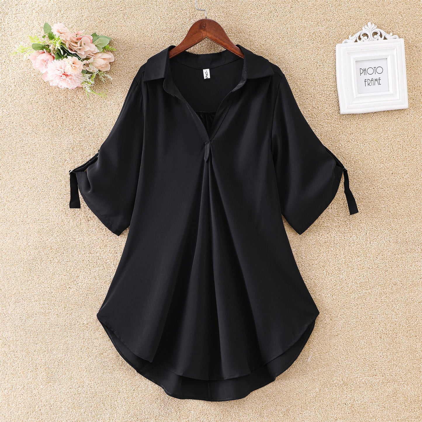 Women Fashion Casual Solid Color Mid-Length Short-Sleeved Chiffon Shirt Blouse