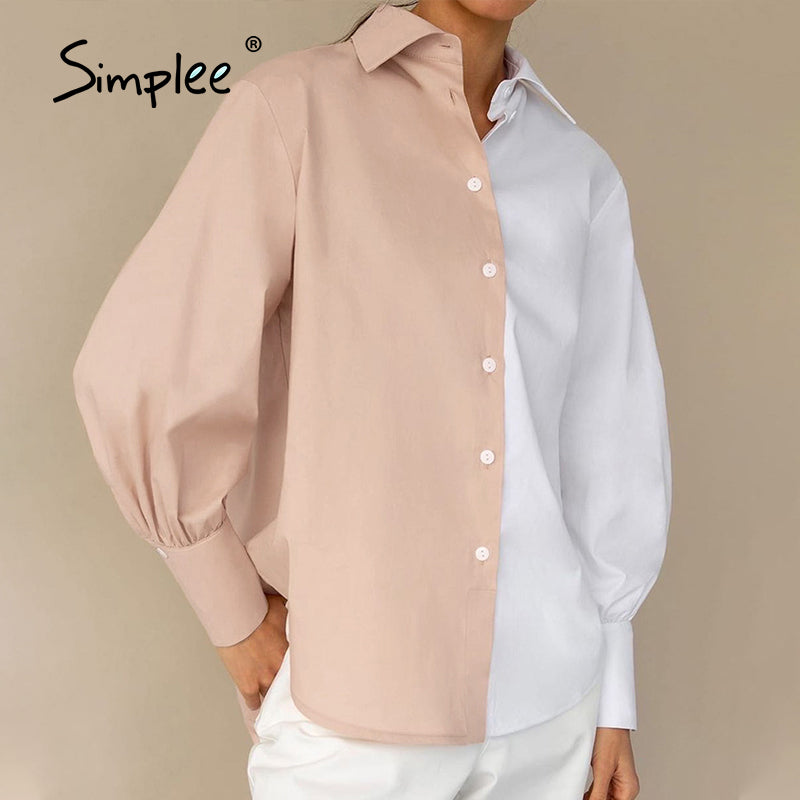 Women Work Casual Color Blocking Single-Breasted Long Puff Sleeves Blouse