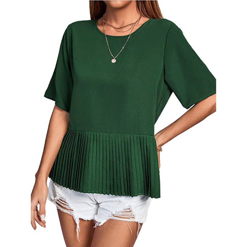 Women Casual Round Neck Short Sleeve Pleated Hemline Solid Blouse