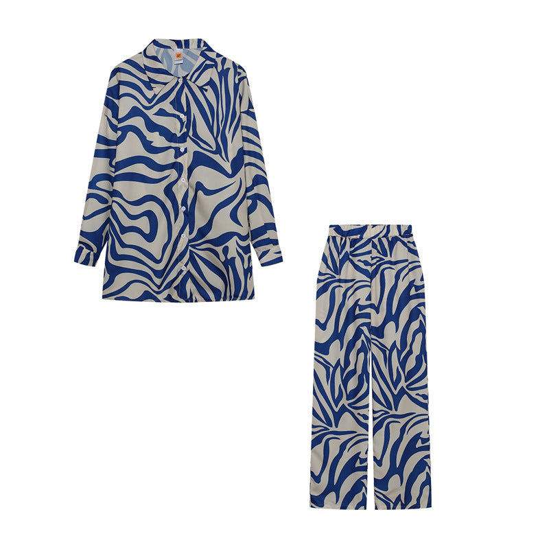 Women Fashion Casual Stripe Print Long Sleeve Blouse Pants Set