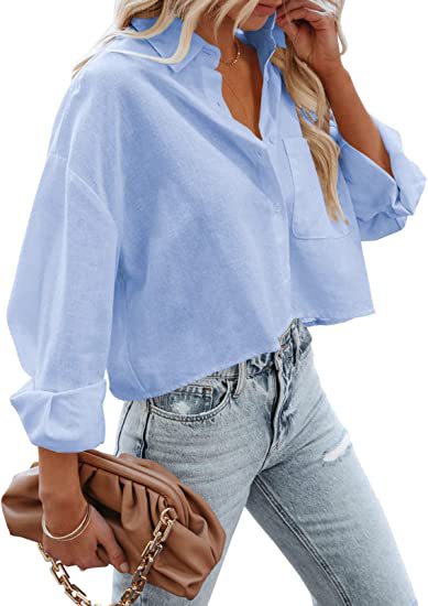 Women Fashion Casual Solid Color Lapel Long-Sleeve Buckle Blouse