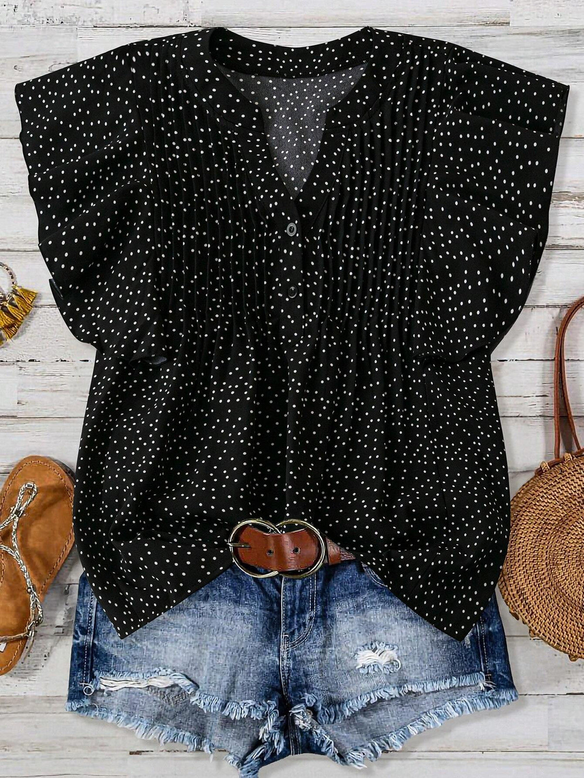 Women Fashion Casual Solid Color Pleated Dot Printed V-Neck Sleeveless Blouse
