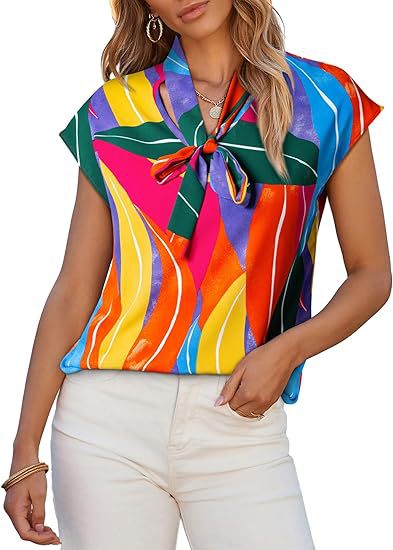 Women Summer Graphic Print Casual Ribbon Bow V-Neck Short Sleeve Blouse