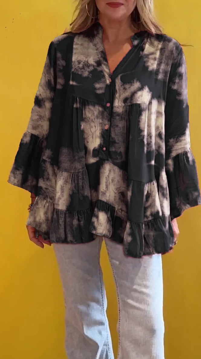 Summer Women Casual Irregular Printed Long-Sleeved Ruffled Blouse
