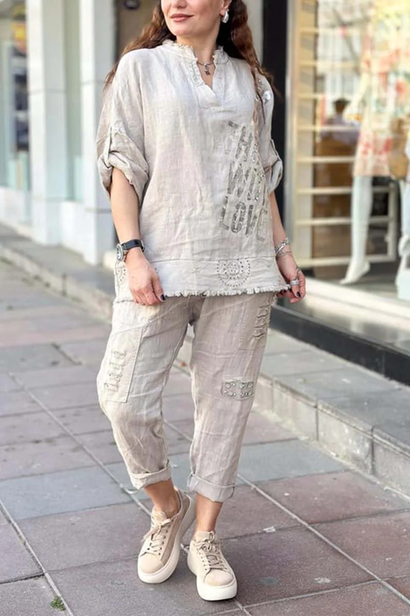 Women Casual Letter Printed V-Neck Half Sleeve Blouse Loose Pants Two-Piece Set