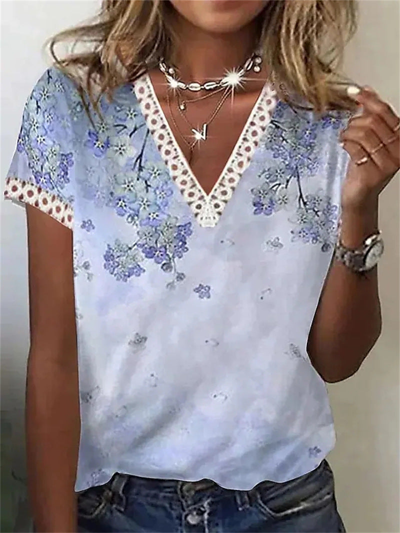 Women Casual Summer V-Neck Lace Feather Floral Printed Short-Sleeved Blouse