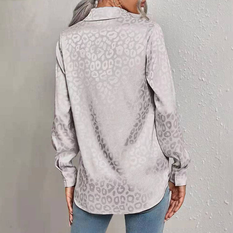 Women Casual Long-Sleeved Lapel Elegant Satin Jacquard Leopard Blouse