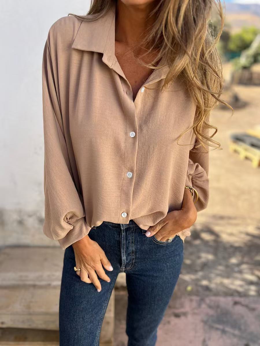 Women Fashion Casual Solid Color Lapel Long Sleeve Single Breasted Blouse