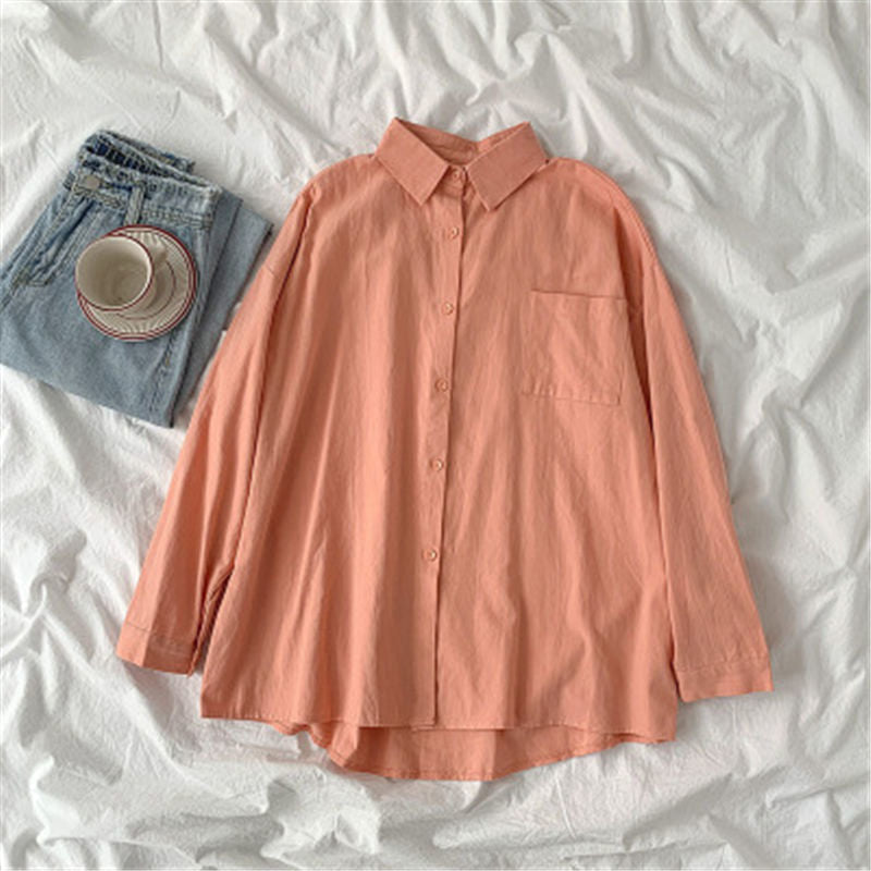 Solid Color Casual Basic Women Loose Long Sleeve Shirt Blouse