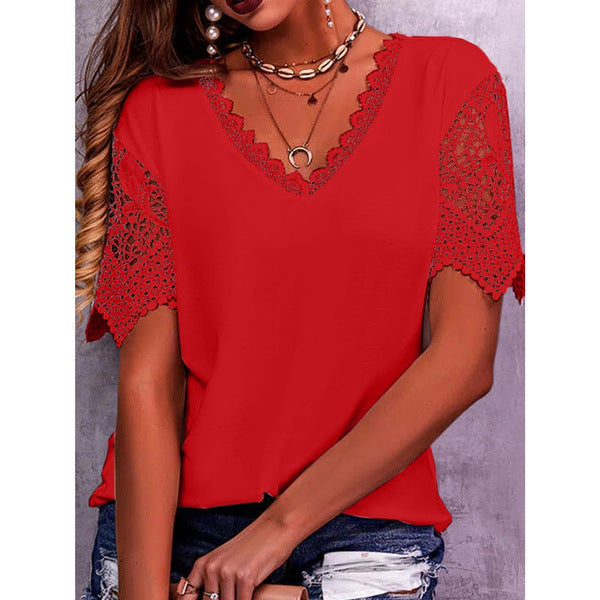 Women Casual Solid Color Lace Patchwork Loose V-Neck Short-Sleeved Blouse