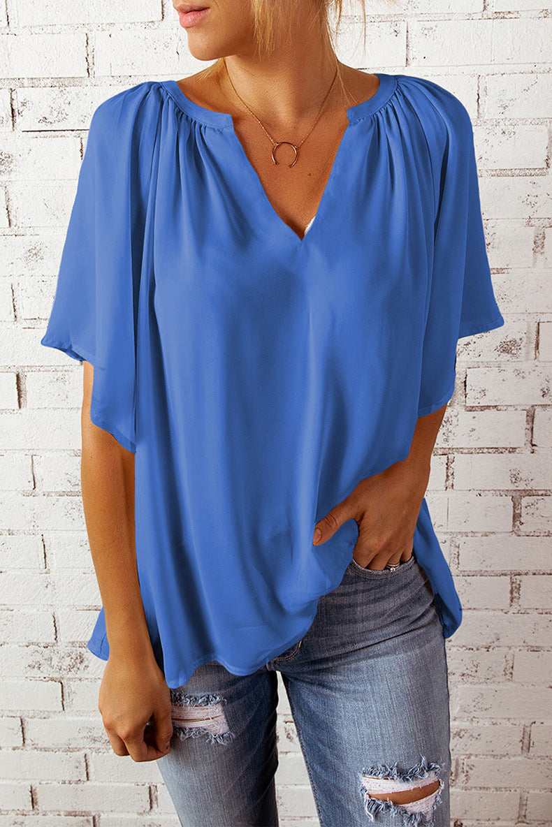 Women Casual Loose Solid Color V-Neck Short-Sleeve Blouse