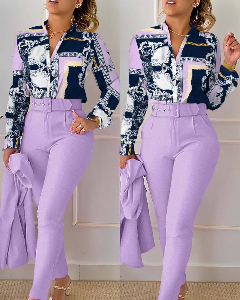 Women Fashion Casual Floral Printed Lapel Long-Sleeve Blouse Slim Fit Pants Two-Piece Pants