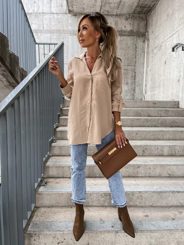 Women Simple Basic Casual Solid Color Sleeve V-Neck Button Lapel Blouse