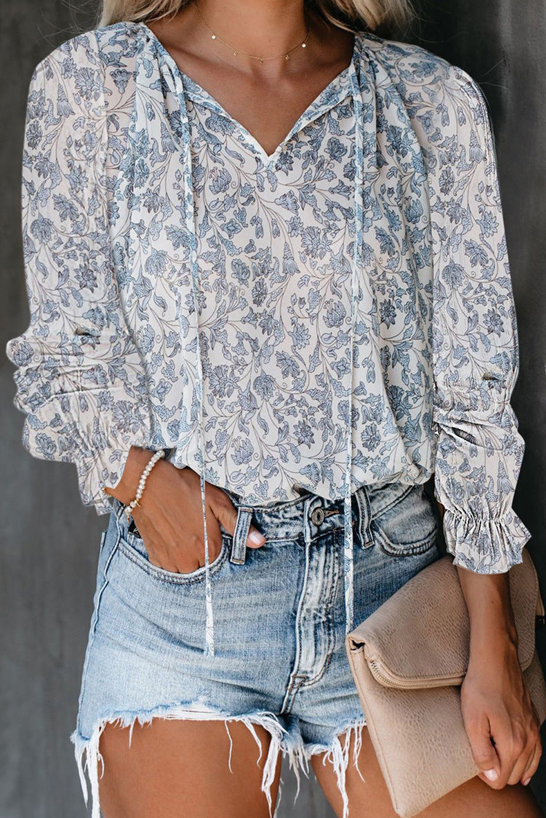 Women Fashion Casual Floral Printed V-Neck Long Sleeve Blouse