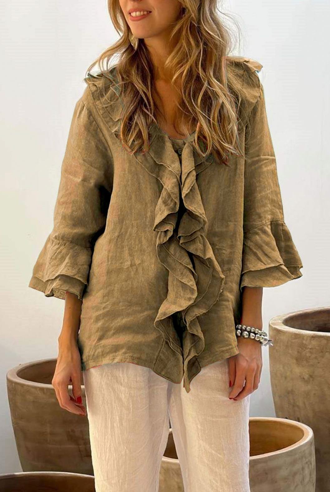 Women Fashion Casual Solid Color V-Neck Ruffled Long Sleeve Loose Blouse