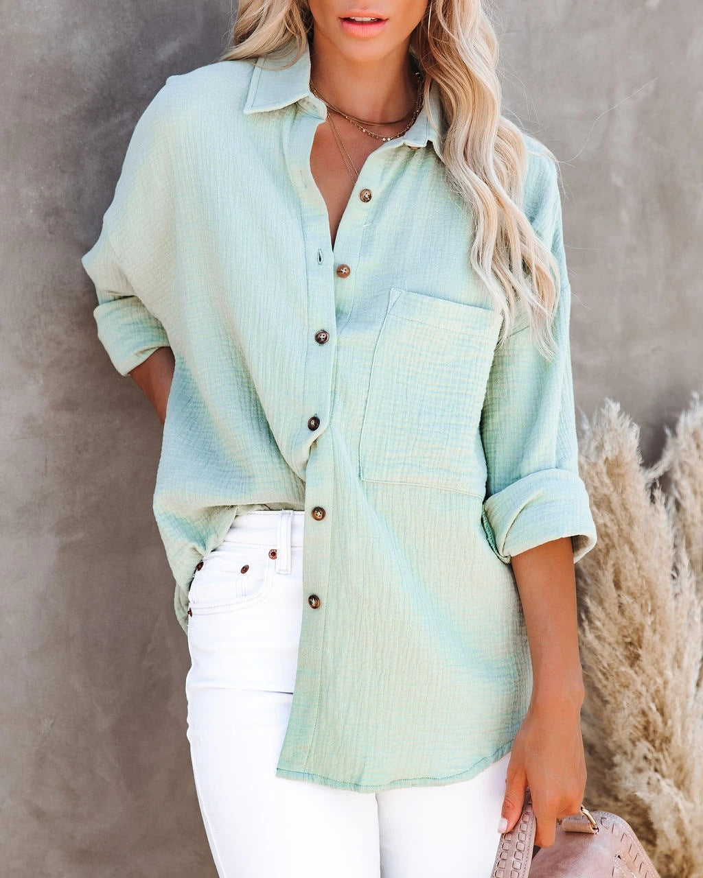 Women'S Casual Long Sleeve V-Neck Button Cotton Linen Blouse